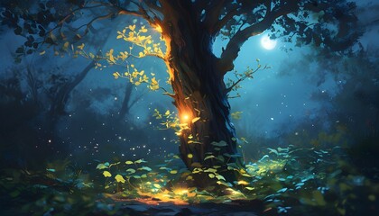 Ethereal forest illuminated by softly glowing tree bark under moonlight, showcasing the enchanting concept of bioluminescent flora.