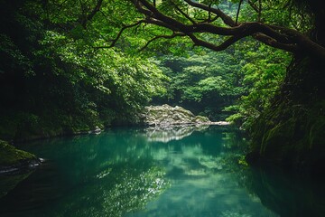 Poster - Tranquil green forest river with sunlight through the canopy. Relaxing nature scene for meditation, zen, and relaxation.