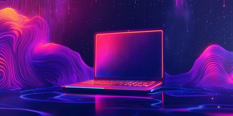 Poster - Futuristic illustration about technology with a laptop in neon colors. 