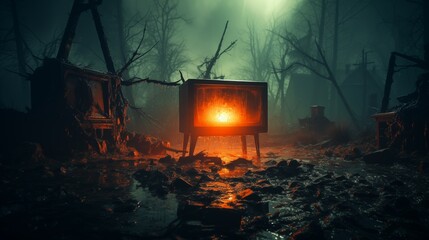 Wall Mural - an old television covered in cobwebs, inside the screen of which an scary shadow raises its hands. Halloween horror concept