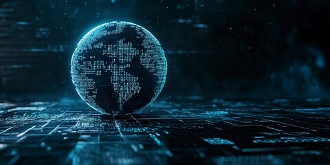 futuristic cyber tech background digital data globe on black floor with glowing binary lines, modern technology wallpaper 