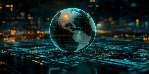Wall Mural - futuristic cyber tech background digital data globe on black floor with glowing binary lines, modern