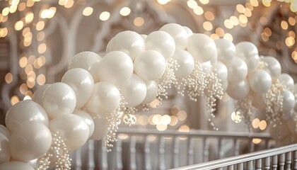 Wall Mural - arch of white balloons and golden shiny confetti.