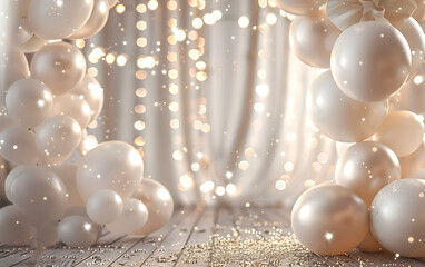 Wall Mural - arch of white balloons and golden shiny confetti.