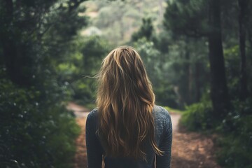 Sticker - Young woman walking through a forest,  looking at path ahead, concept of adventure and new beginnings