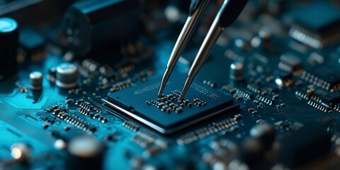 Canvas Print - Close-up view of a Installing the processor into the motherboard with tweezers. Laptop repair and improvement. Tweezer-assisted processor installation for refined laptop upgrades. 