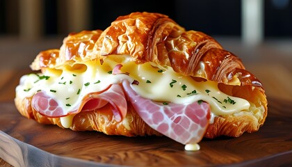 Wall Mural - Savory golden croissant overflowing with melted cheese and ham