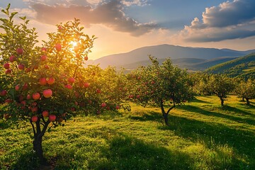 Golden sunset over a lush green apple orchard with red apples hanging on branches