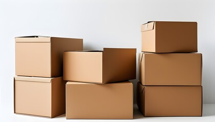 Arranged assortment of brown cardboard boxes of different sizes on a clean white background