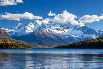 Poster - Mountain range reflected in blue lake with white snow and cloudy blue sky