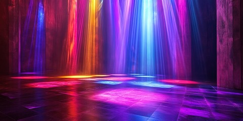 Wall Mural - Bright, colorful spotlights casting vibrant hues on the stage floor. Radiant beams of light intertwining in the performance space. 