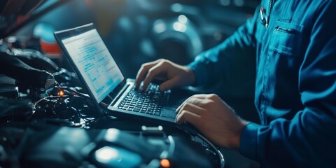 Anmechanical technician using laptop computer programming. Car maintenance service concept