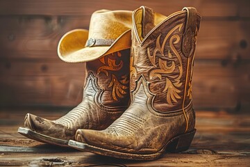 Wild West retro cowboy hat and old leather boots.