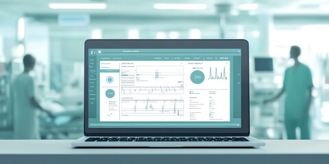 Sticker - An illustration of a laptop with a hospital patient profile displayed on the screen as part of a medical record banner. Data from electronic medical records.