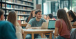 © jannik27s - A group of happy students working together in a library, with laptops and books on the table