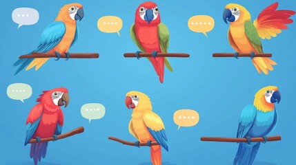 Canvas Print - Colorful parrots perched on branches with speech bubbles.