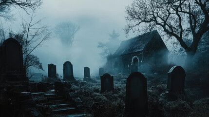 Wall Mural - A fog-laden graveyard filled with weathered gravestones and a shadowy tree in the background evokes a chilling atmosphere.