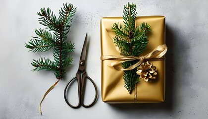 Poster - Christmas tradition featuring a gold-wrapped gift adorned with a pine sprig and scissors for elegant wrapping details