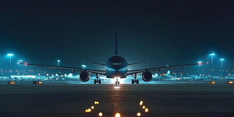 Canvas Print - Airplane departure from the ground, flying up in the air on an airport during the evening or night, front view photography. Commercial aircraft flight transport, takeoff or landing