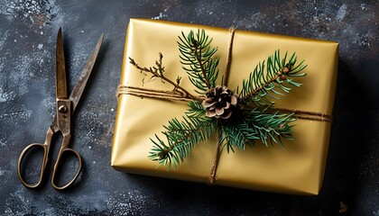 Sticker - Christmas tradition featuring a gold-wrapped gift adorned with a pine sprig and scissors for elegant wrapping details