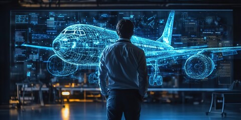 Wall Mural - Aerospace engineer visualizing hologram plane 