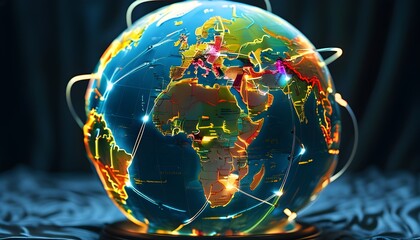 Wall Mural - Futuristic globe illuminated by glowing lines, representing global connection and seamless communication across continents