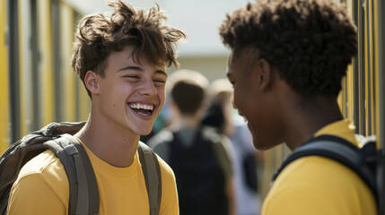 Two friends share a laugh by their lockers, dressed in similar yellow shirts, wearing backpacks, enjoying a light-hearted moment at school.