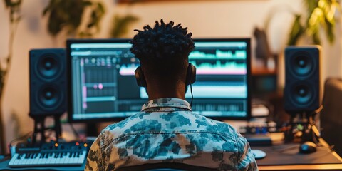 Canvas Print - A man is sitting in front of a computer with a laptop open