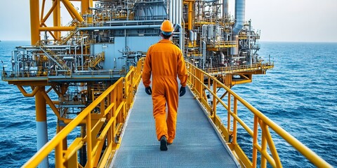 Poster - A male petroleum engineer in a field coverall walking or standing on a platform at a large offshore upstream oil and gas rig. 