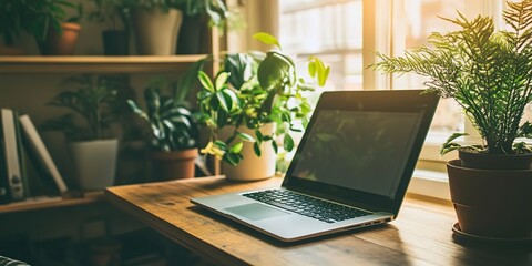 Canvas Print - a laptop computer sitting on top of a wooden desk next to a potted plant and a potted plant on the side of a window sill in a room