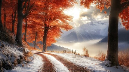 Wall Mural - Snowy Path Through a Forest of Autumn Trees