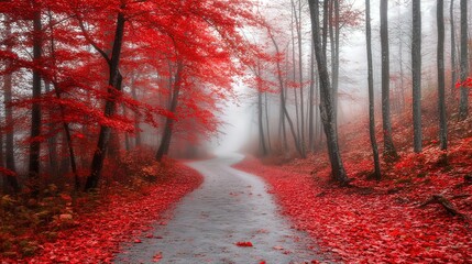 Wall Mural - Autumnal Path Through Misty Forest