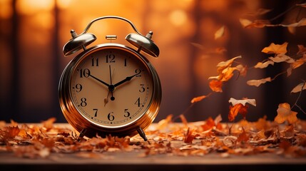 daylight saving time. alarm clock and orange color leaves on wooden table. autumn time. fall time ch