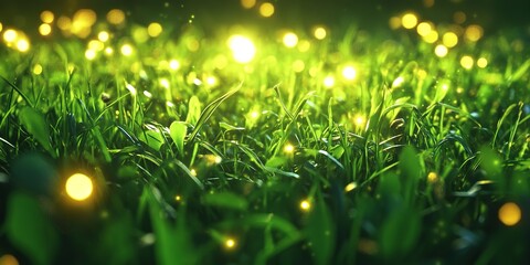 Sticker - A field of green grass with lights shining on it. Scene is bright and lively