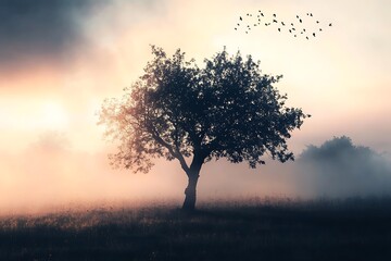 Canvas Print - Silhouette of a Tree at Sunrise with Birds Flying in the Mist