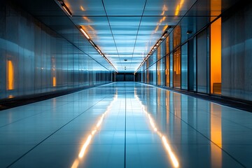 Poster - Modern hallway with tiled floor and glass walls. Empty corridor with soft lighting and reflections.