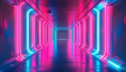 Wall Mural - Futuristic corridor illuminated by vibrant pink and blue neon lights