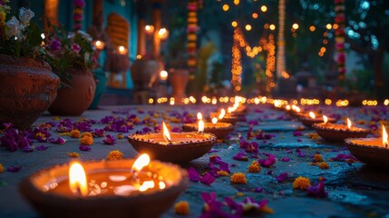 diwali festival decorations with oil lamps and flower petals