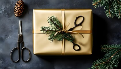 Poster - Christmas tradition featuring a gold-wrapped gift adorned with a pine sprig and scissors for elegant wrapping details