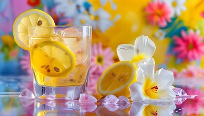 Wall Mural - Refreshing lemonade with lemon slices and ice amidst vibrant floral backdrop