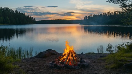 Wall Mural - Campfire on a Lake Shore at Sunset