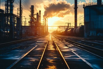 Silhouetted industrial landscape with train tracks leading towards a sunset