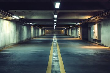 Canvas Print - Empty Underground Parking Garage with Fluorescent Lighting