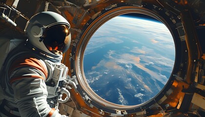 Astronaut gazing at Earth from space station window, capturing the awe and wonder of cosmic exploration and the beauty of our planet