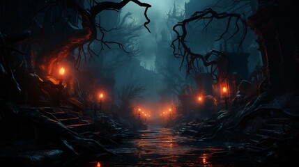 Wall Mural - Mysterious forest with a moonlit path fog and a Halloween backdrop hint