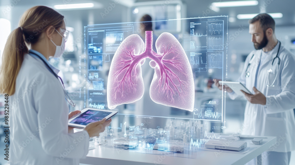 Doctors analyzing digital lung images on tablets in a futuristic ...