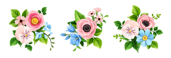 Wall Mural - Pink and blue flowers. Set of vector floral bouquets isolated on a white background