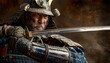 © Faustudio - Portrait of samurai in armor in attack position.