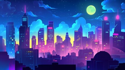 Sticker - Neon cityscape under a full moon.