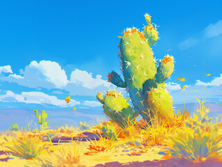 Wall Mural - Landscape with cactus. Styled like an anime or game background. Blue sky, sunset, sunrise, night, fog, snow, rain, cloudiness, autumn leaves, etc.